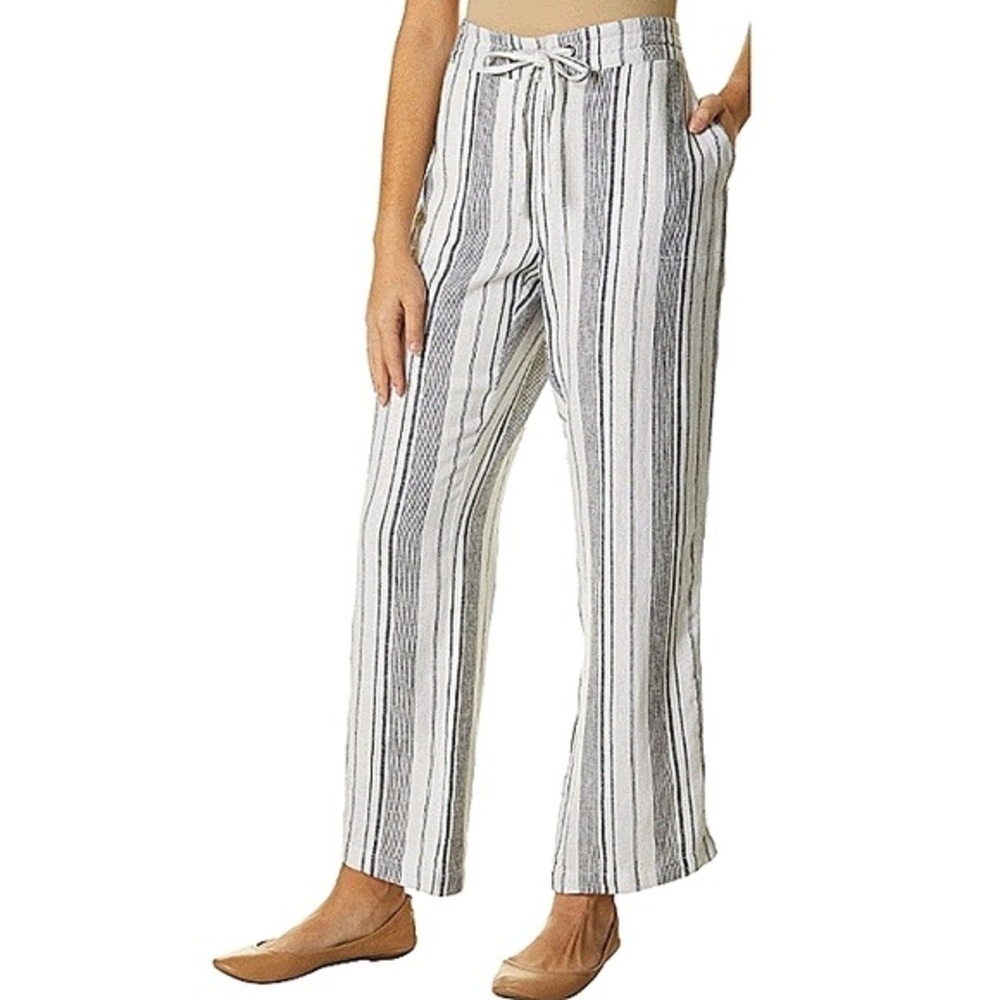 Per Se Womens Pants Striped Elastic Drawstring Waist Pockets Linen Blend Size S